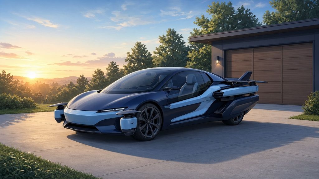 Illustration: a generic road-going flying car parked in a suburban driveway at sunrise